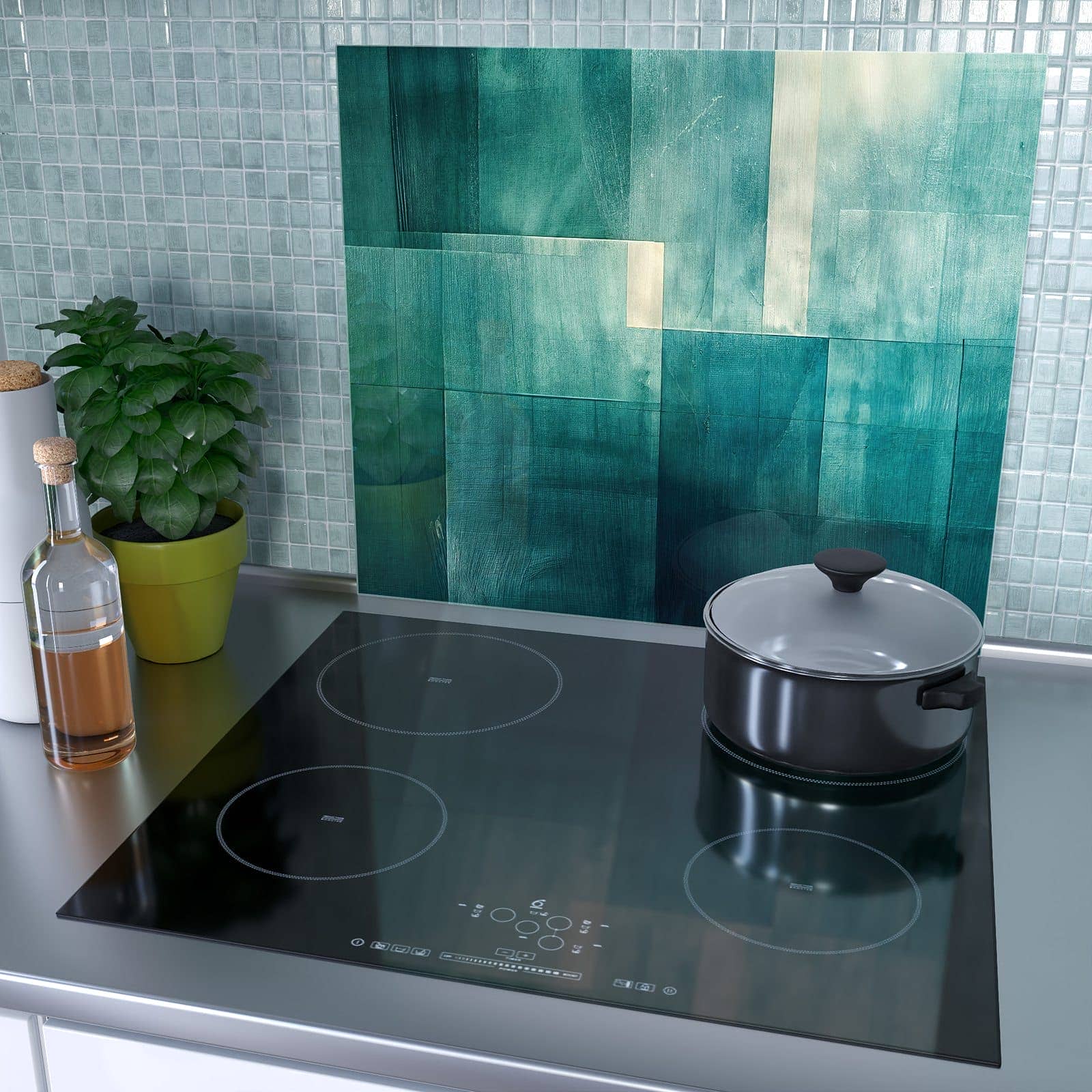 1-teilige Herdabdeckplatte mit Abstrakter Hintergrund-Motiv als Spritzschutz hinter dem Kochfeld