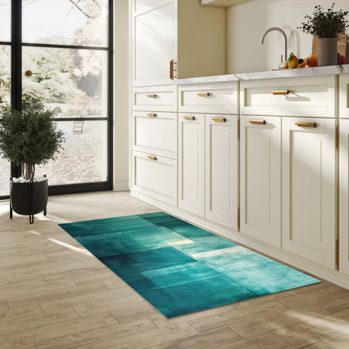 Wasserabweisender Teppichläufer mit Motiv Abstrakter Hintergrund in heller Küche