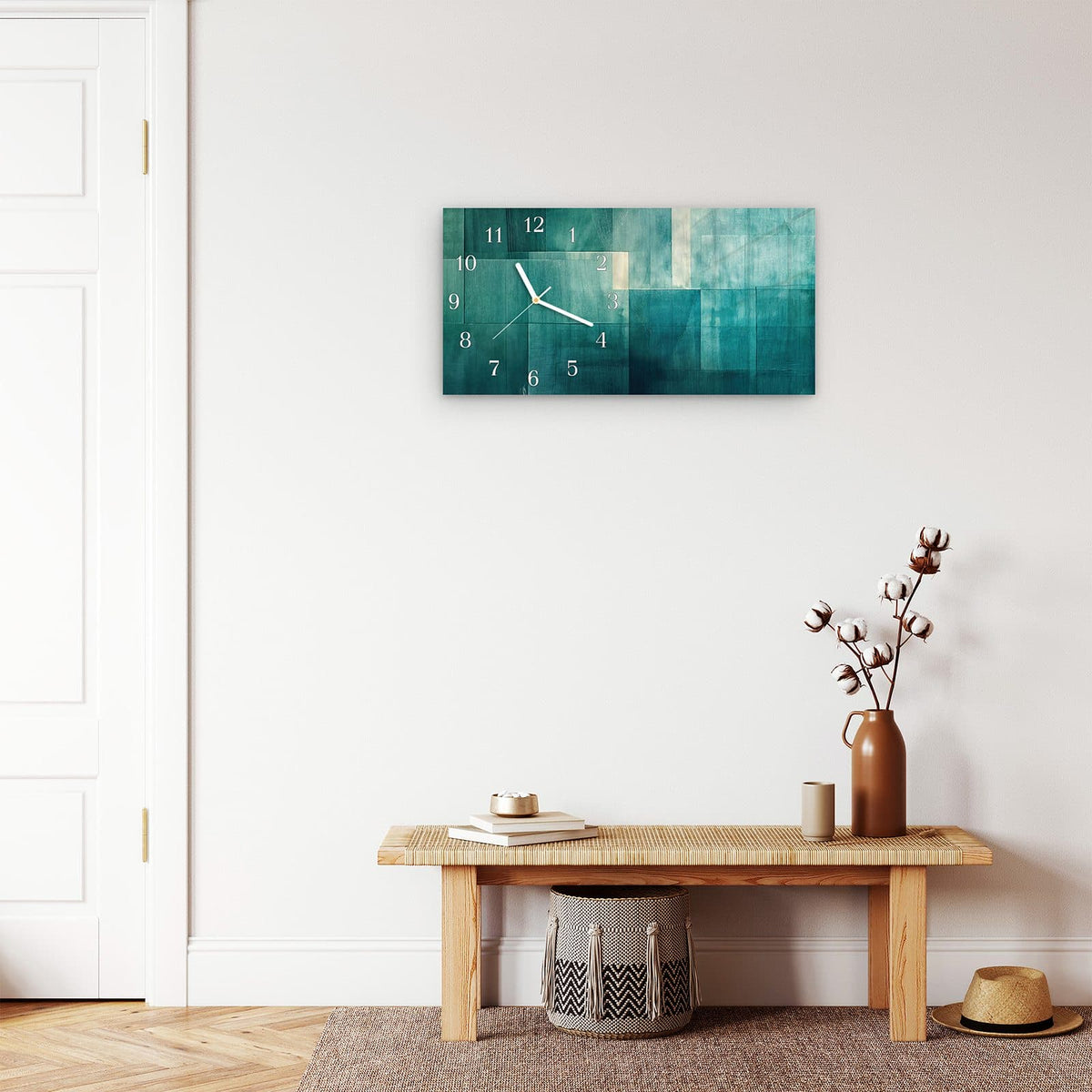 Moderne Wanduhr aus Glas mit Farbtiefe – Wanduhr Abstrakter Hintergrund aus Glas – Querformat 60 × 30 cm