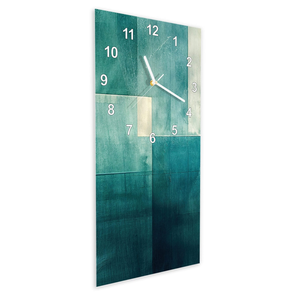 Wanduhr aus Glas im Hochformat Türkise Rechtecke schräg von der Seite, 4 mm starkes Glas