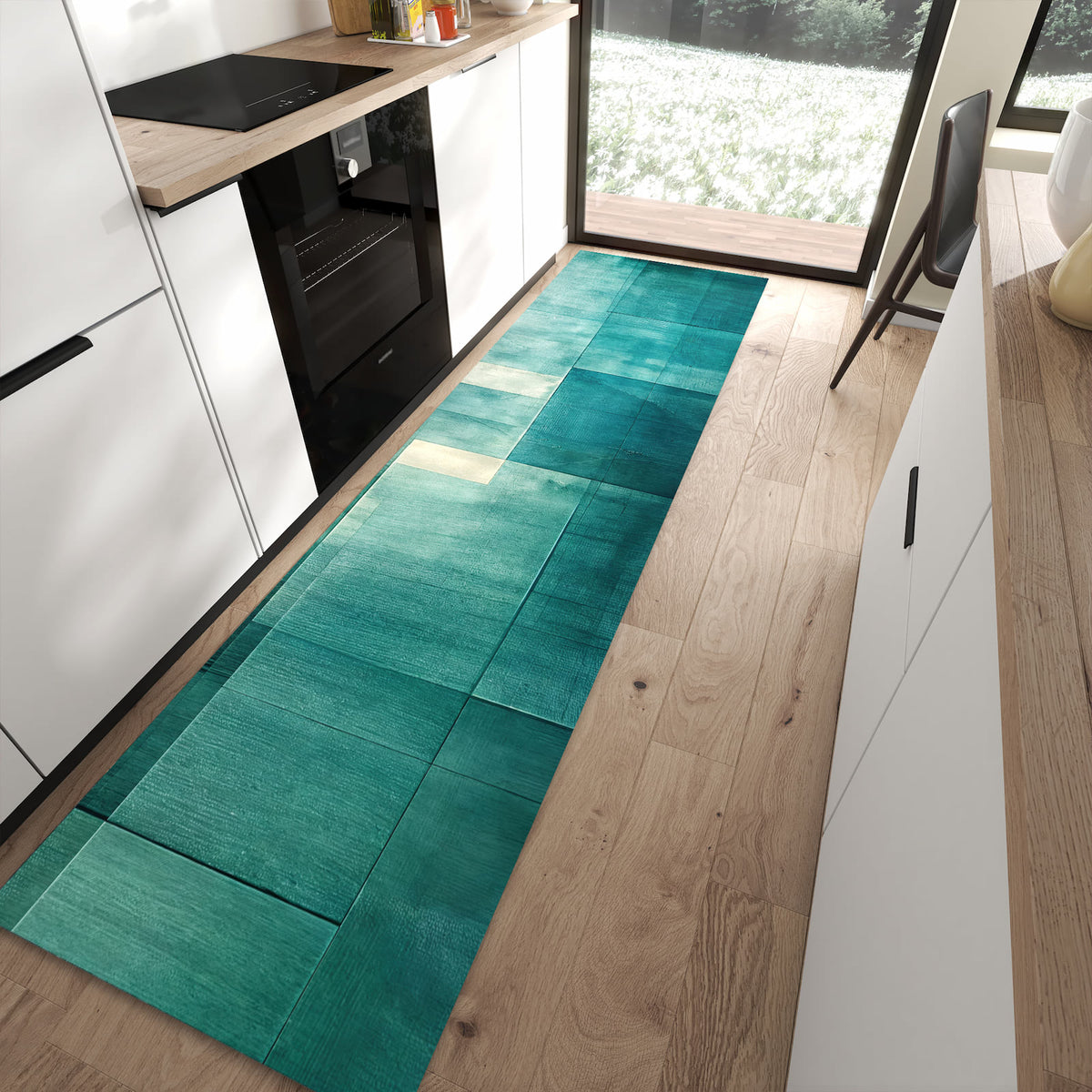 Flacher Küchenteppich mit Motiv Abstrakter Hintergrund in moderner Küche - waschbar