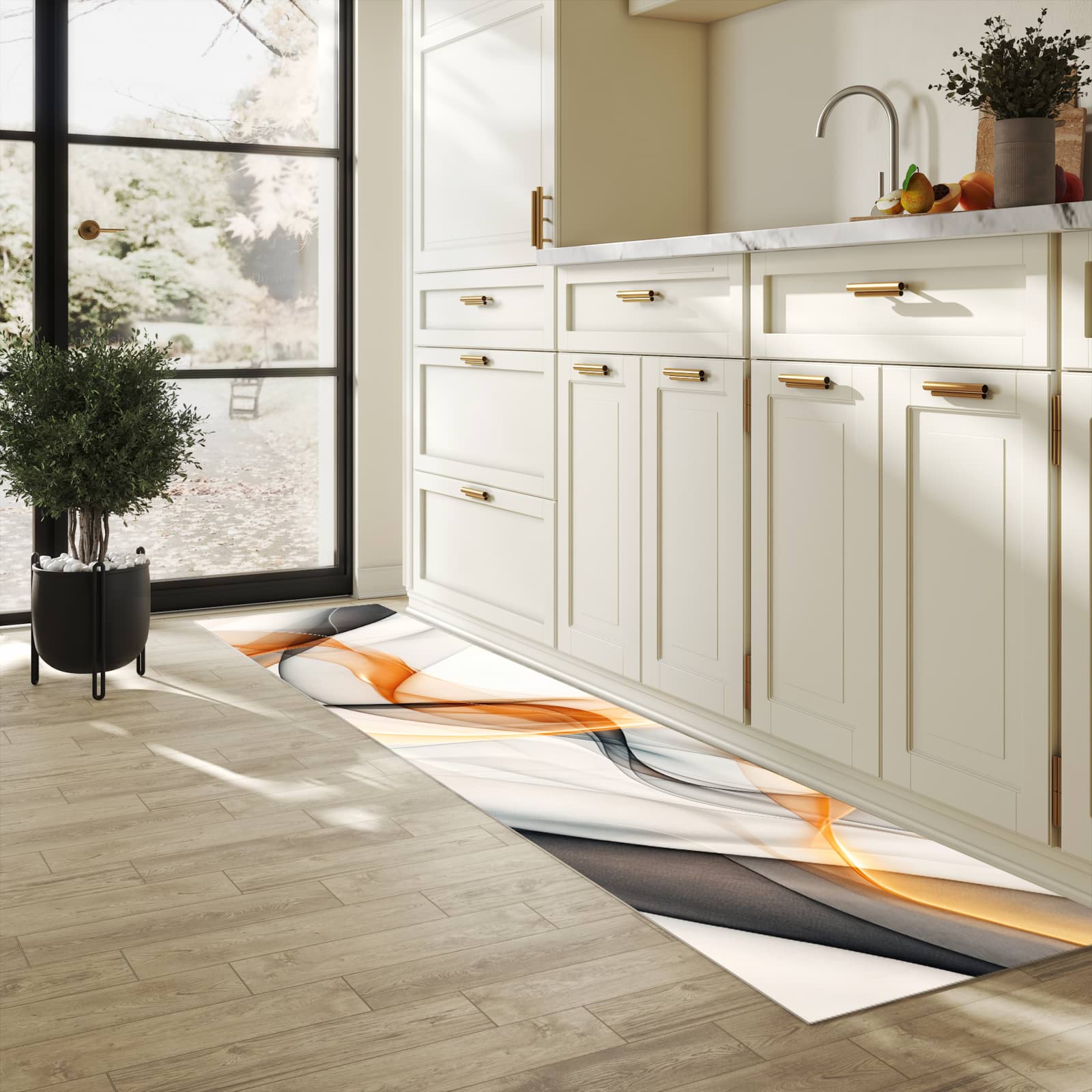 Pflegeleichter moderner Küchenläufer mit Motiv Schwebende Wellen in heller Küche