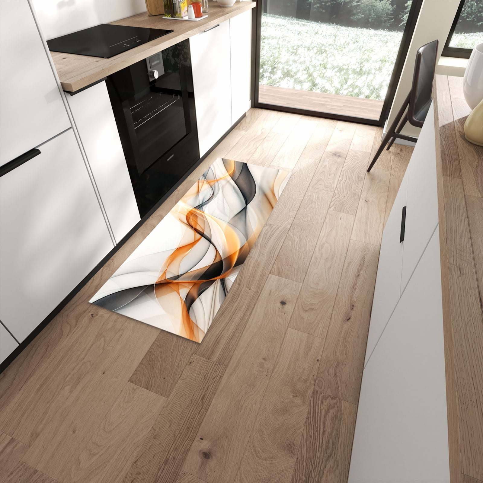 Hygienischer Läufer für die Küche mit Motiv Schwebende Wellen in moderner Küche #grösse_60 x 150 cm