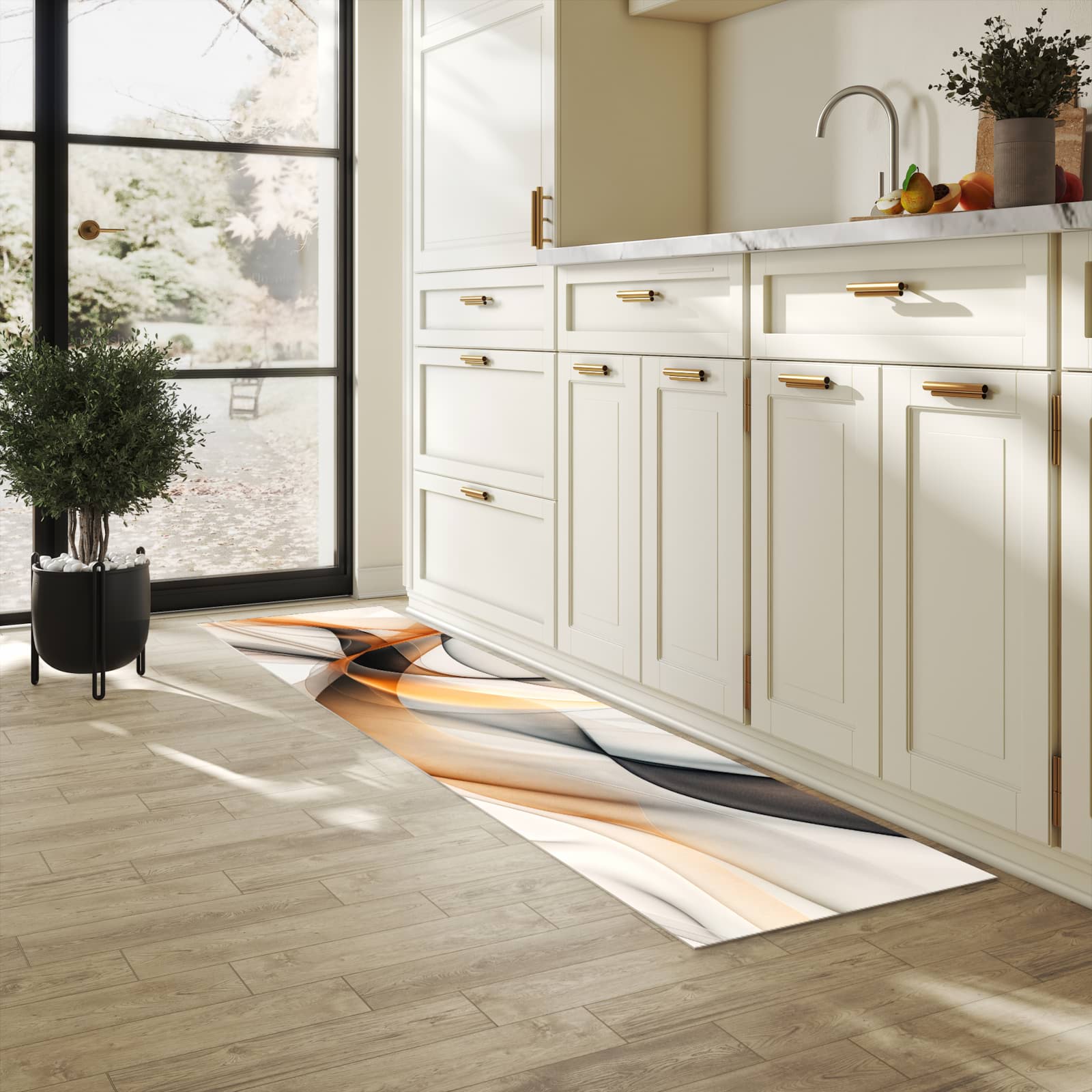 Rutschfester Küchenläufer mit Motiv Schwebende Wellen in heller Küche zum Waschen