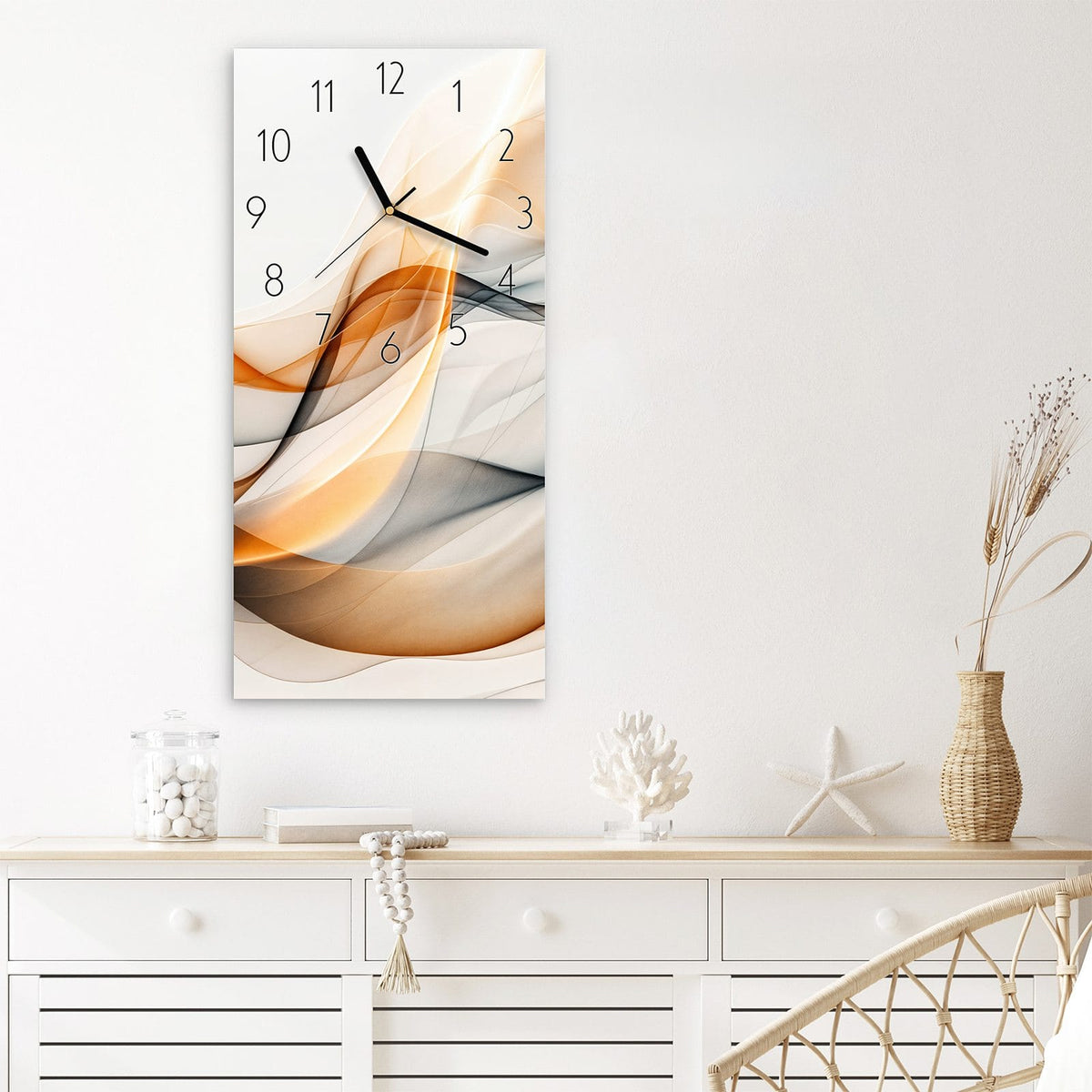 Wanduhr Schwebende Wellen aus Glas – Transparente Wellen in Orange und Grau