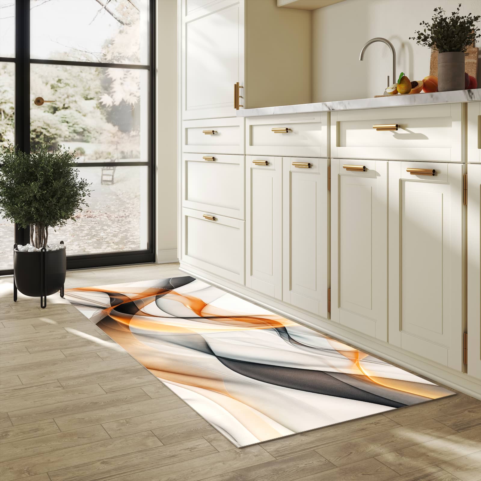 Feuchtigkeitsresistenter Teppich für die Küche mit Motiv Schwebende Wellen in heller Küche