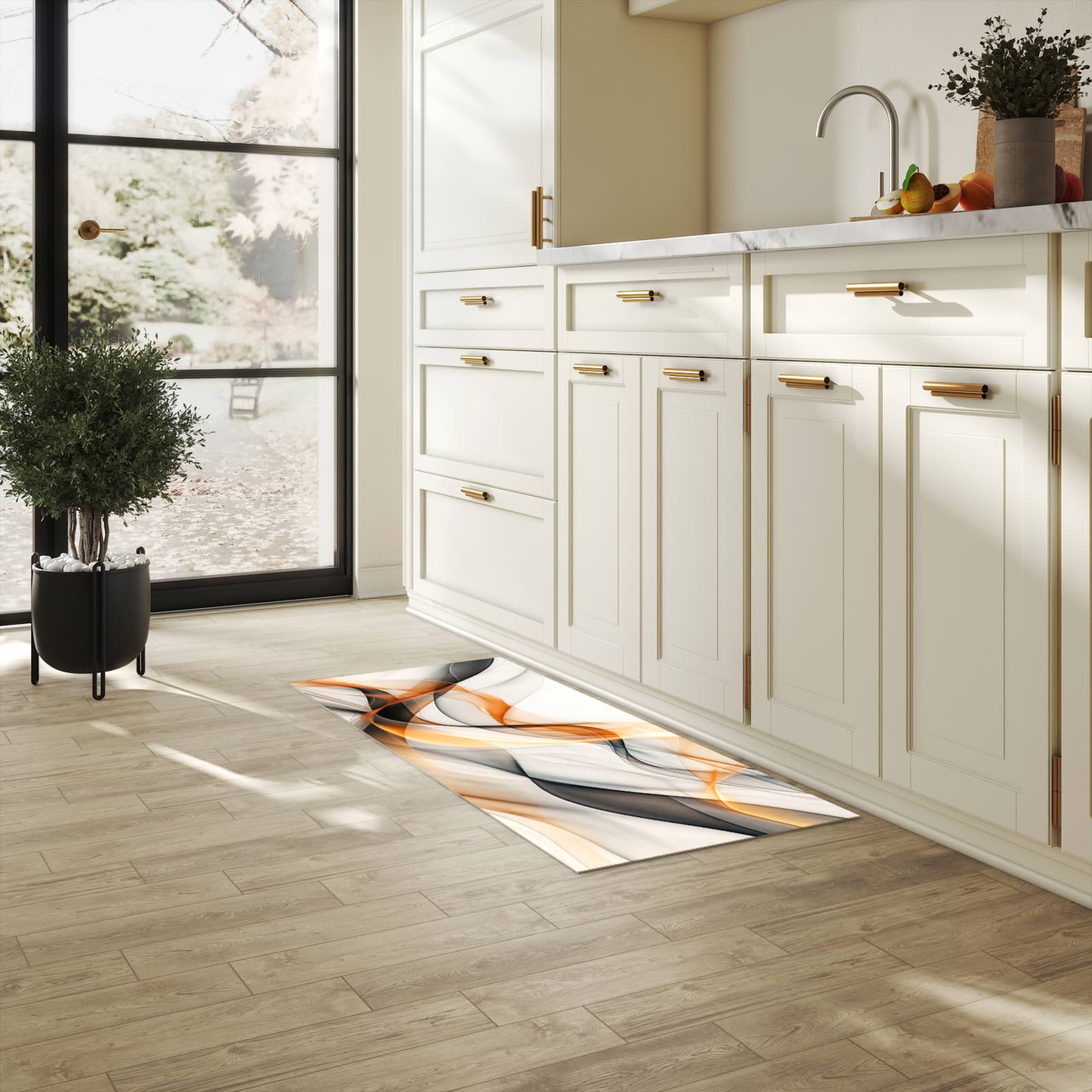 Flacher rutschfester Küchenläufer mit Motiv Schwebende Wellen in heller Küche