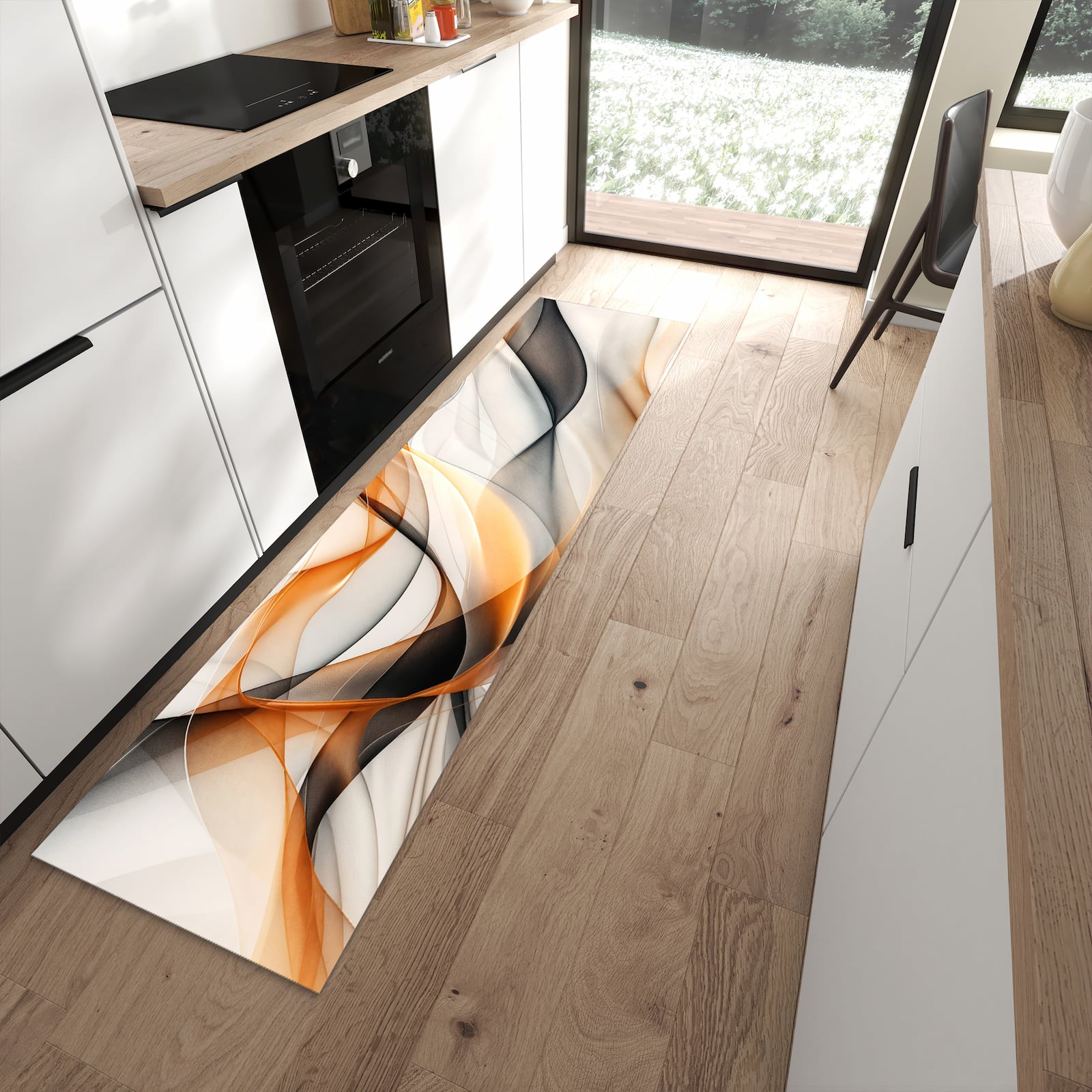 Waschbarer Küchenteppich mit Motiv Schwebende Wellen in moderner Küche