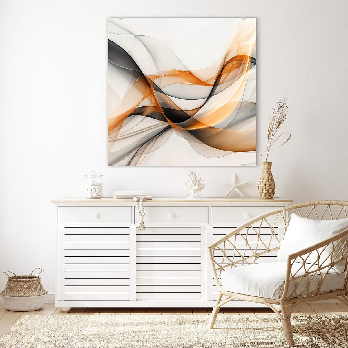 Glasbild Schwebende Wellen an der Wand – Transparente Bänder in Orange, Grau und Schwarz, die sich kreuzen