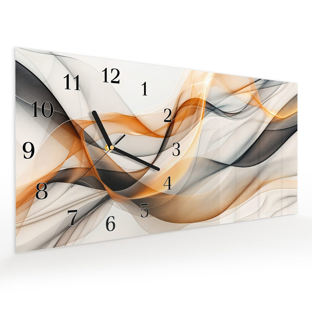 Vormontiert – mit Schwebeeffekt – Wanduhr Schwebende Wellen aus Glas – Querformat 60 × 30 cm