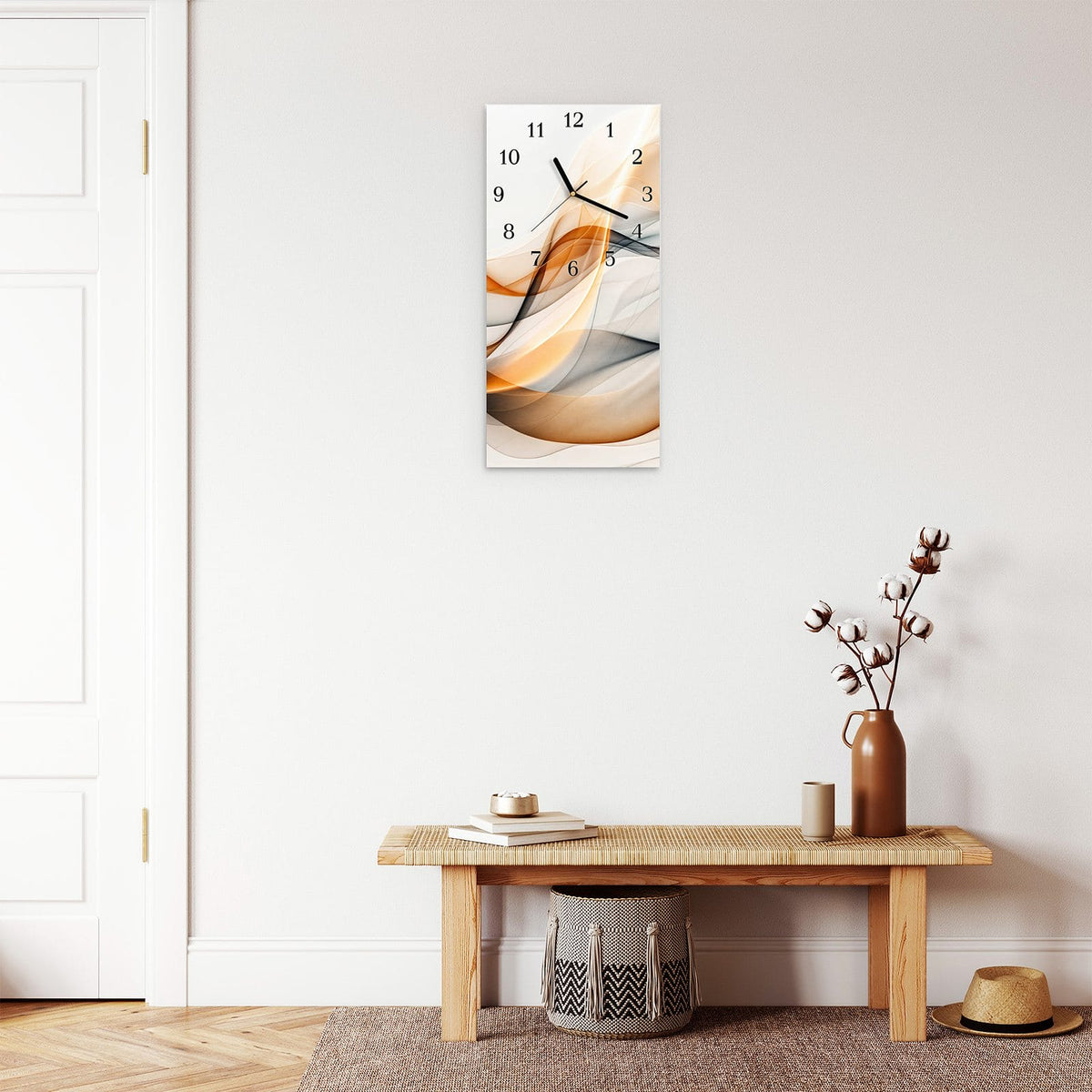 Moderne Wanduhr aus Glas mit Farbtiefe – Wanduhr Schwebende Wellen aus Glas – Hochformat 30 × 60 cm