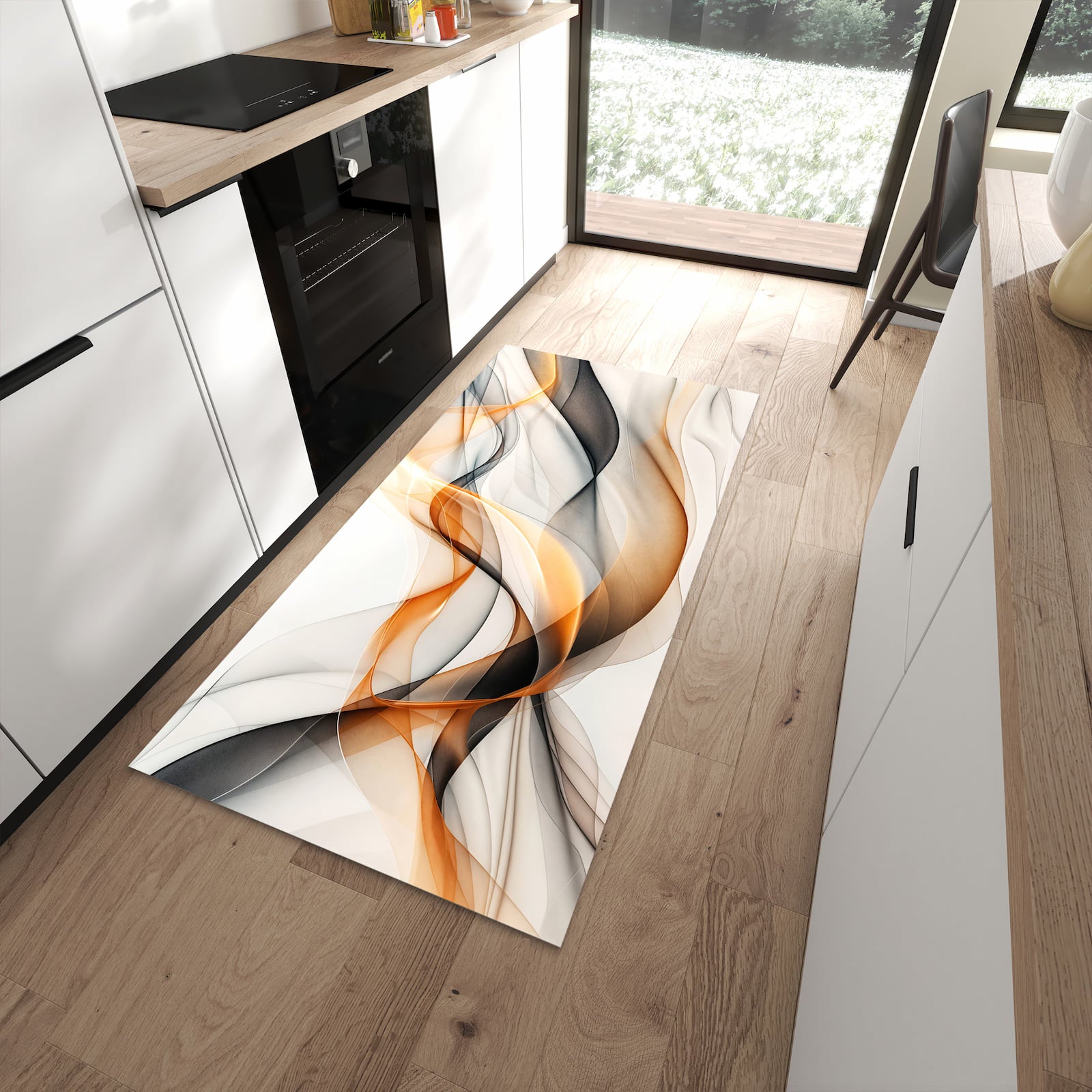 Formstabiler langer Teppich mit Motiv Schwebende Wellen in moderner Küche