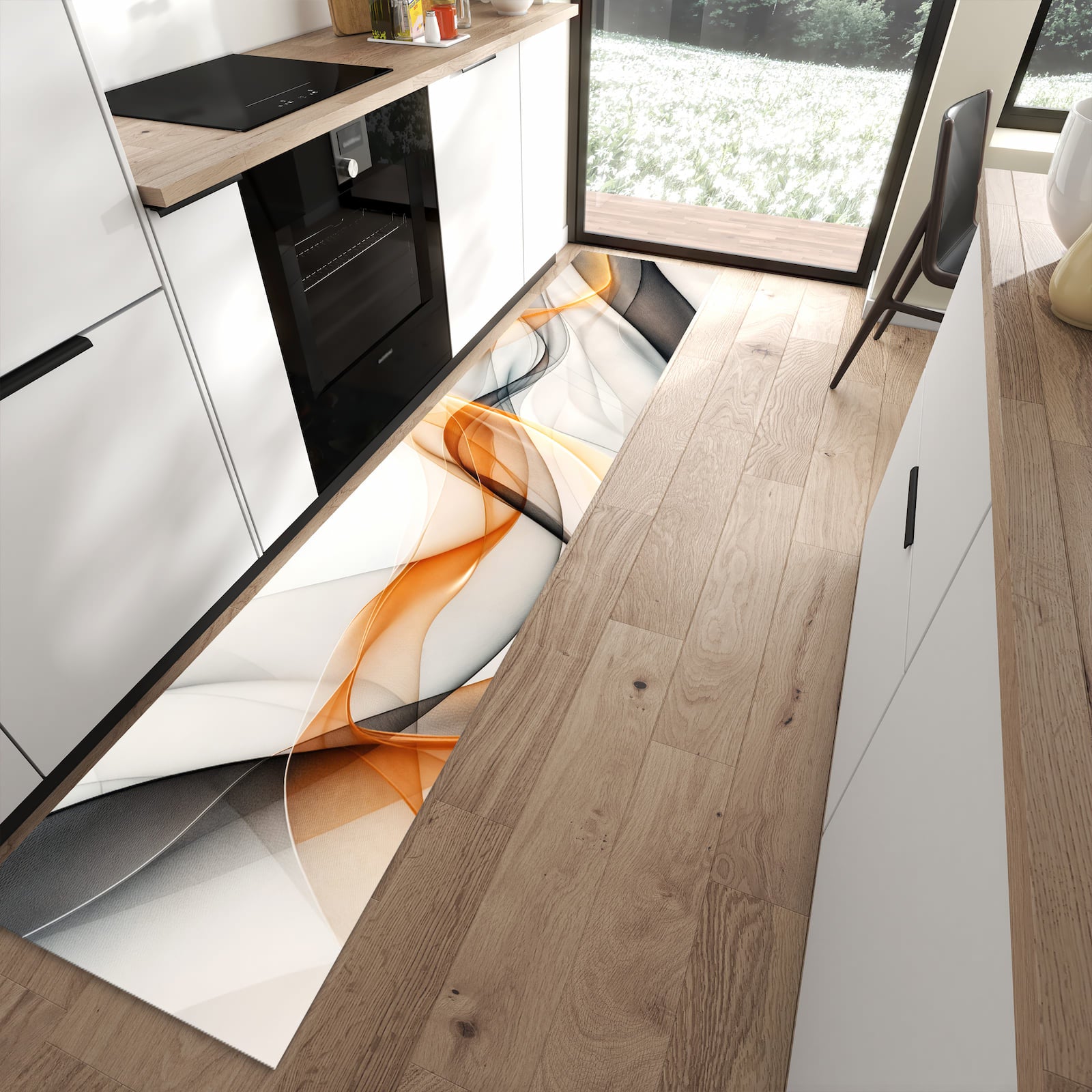 Rutschfester waschbarer Küchenteppich mit Motiv Schwebende Wellen in moderner Küche