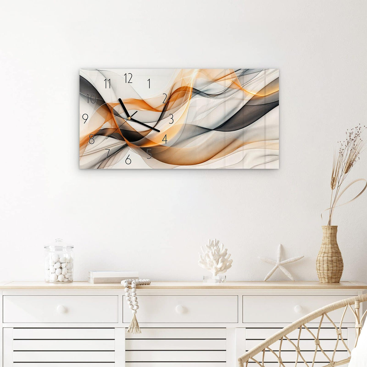 Wanduhr Schwebende Wellen aus Glas – Querformat 60 × 30 cm – Transparente Wellen in Orange und Grau