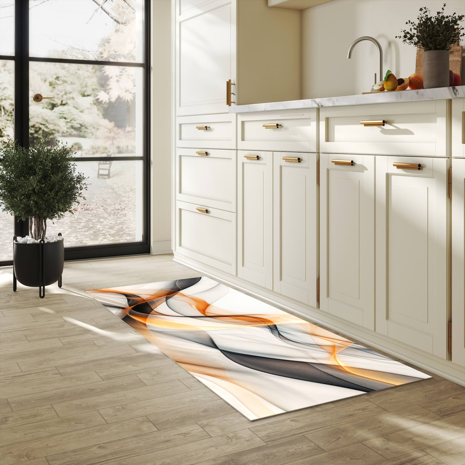 Hygienischer Küchenteppich mit Motiv Schwebende Wellen in heller Küche - abwaschbar