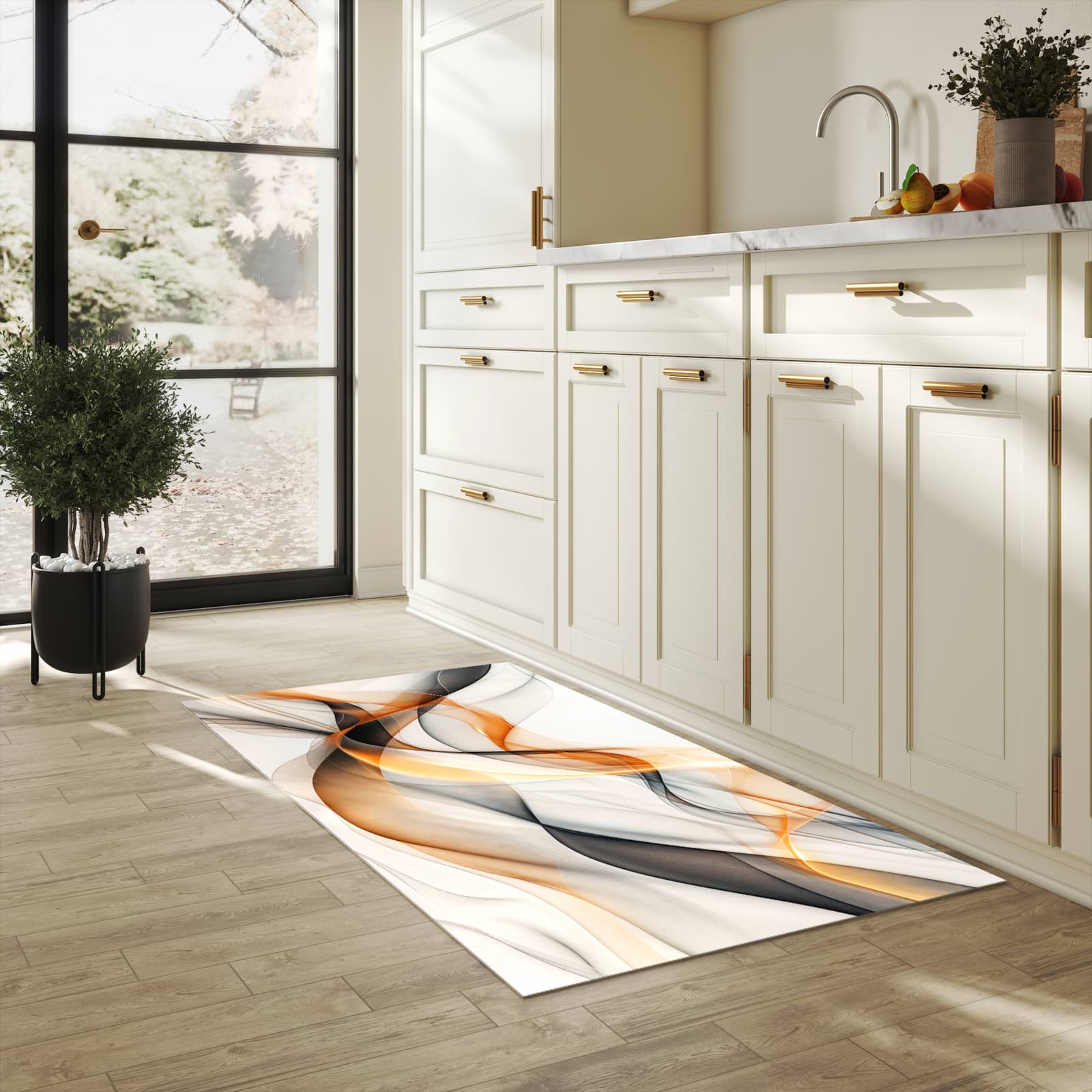 Rutschfester Küchenteppich mit Motiv Schwebende Wellen in heller Küche