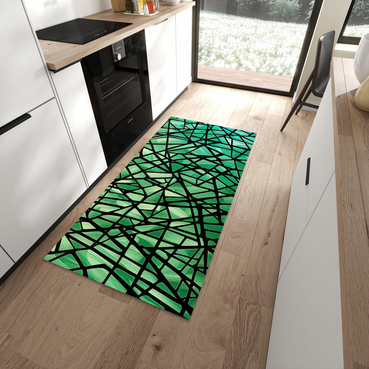 Rutschfester Küchenteppich mit Motiv Geometrisches Glasmuster in moderner Küche