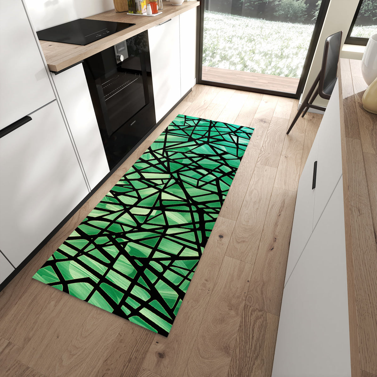 Langlebiger Küchenteppich mit Motiv Geometrisches Glasmuster in moderner Küche