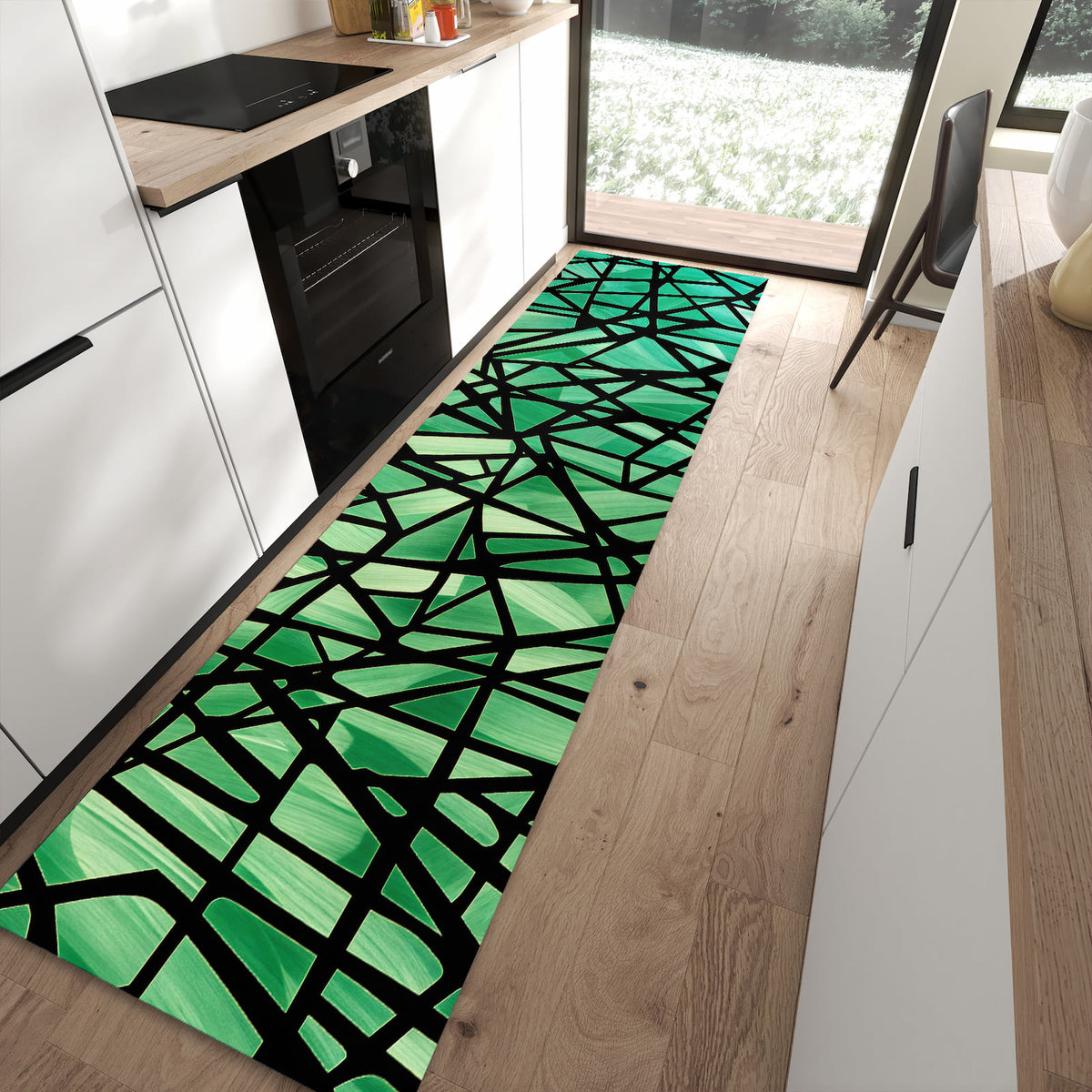 Komfortabler Küchenteppich mit Motiv Geometrisches Glasmuster in moderner Küche