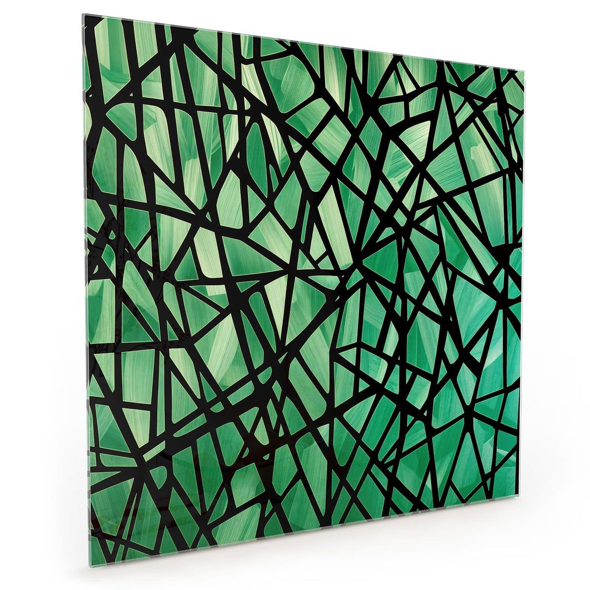 Küchenrückwand aus Glas im quadratischen Format mit Motiv Glasmosaik in Grün: Smaragdgrüne Scherbenflächen, von einem Netz aus dicken schwarzen Linien getrennt #grösse_40 x 40 cm #grösse_50 x 50 cm #grösse_60 x 60 cm