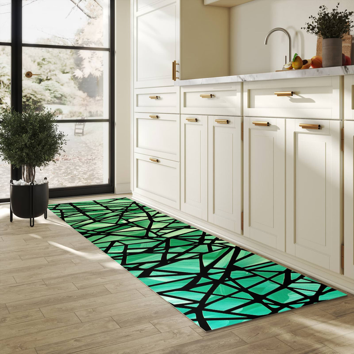 Wasserabweisender Küchenläufer mit Motiv Geometrisches Glasmuster in heller Küche
