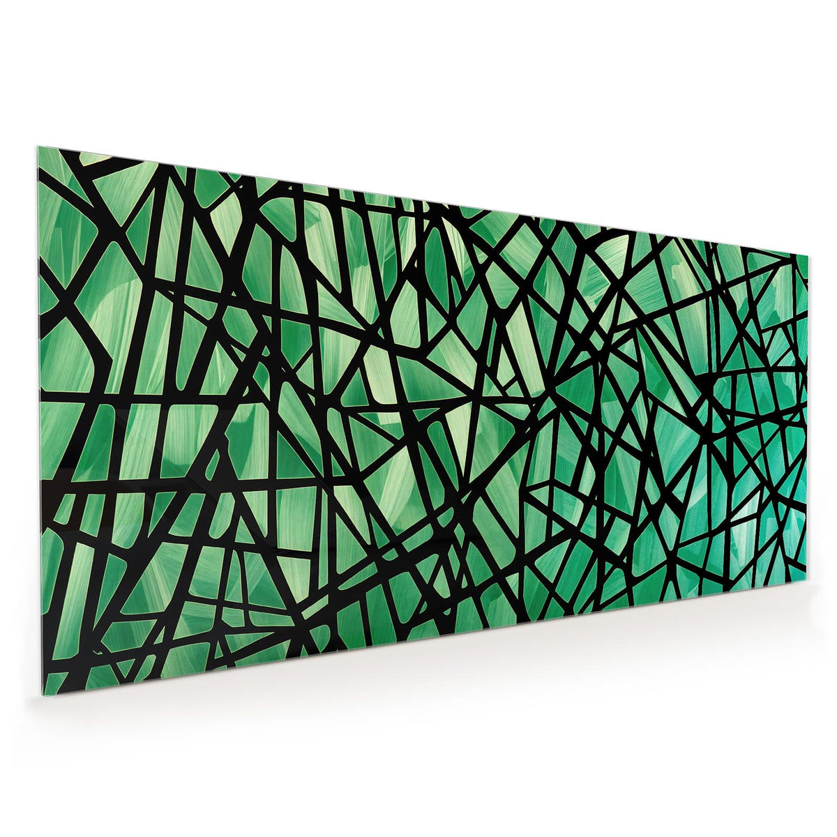 Küchenrückwand aus Glas im Hochformat mit Motiv Glasmosaik in Grün: Smaragdgrüne Scherbenflächen, von einem Netz aus dicken schwarzen Linien getrennt