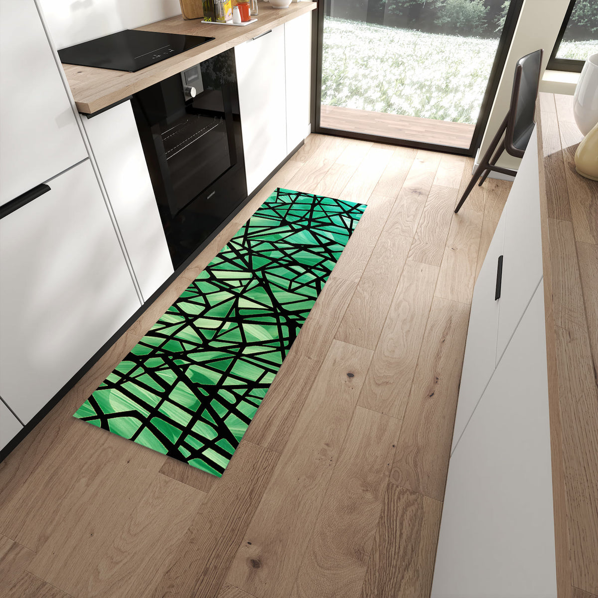 Komfortabler Küchenläufer mit Motiv Geometrisches Glasmuster in moderner Küche