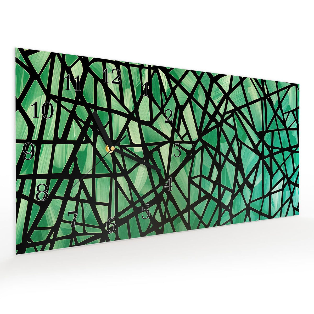 Vormontiert – mit Schwebeeffekt – Wanduhr Geometrisches Glasmuster aus Glas – Querformat 60 × 30 cm