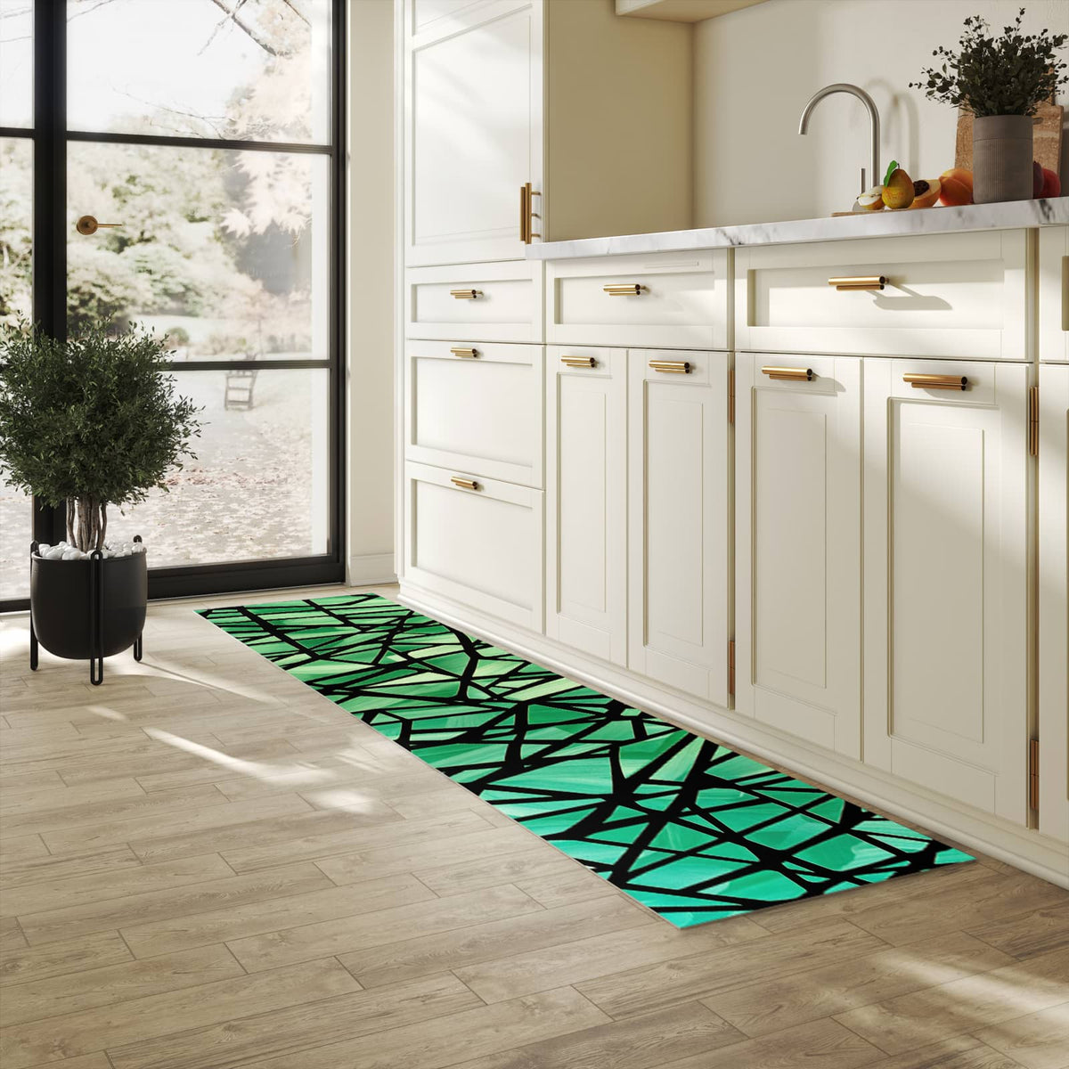 Zeitsparender großer Küchenteppich mit Motiv Geometrisches Glasmuster in heller Küche
