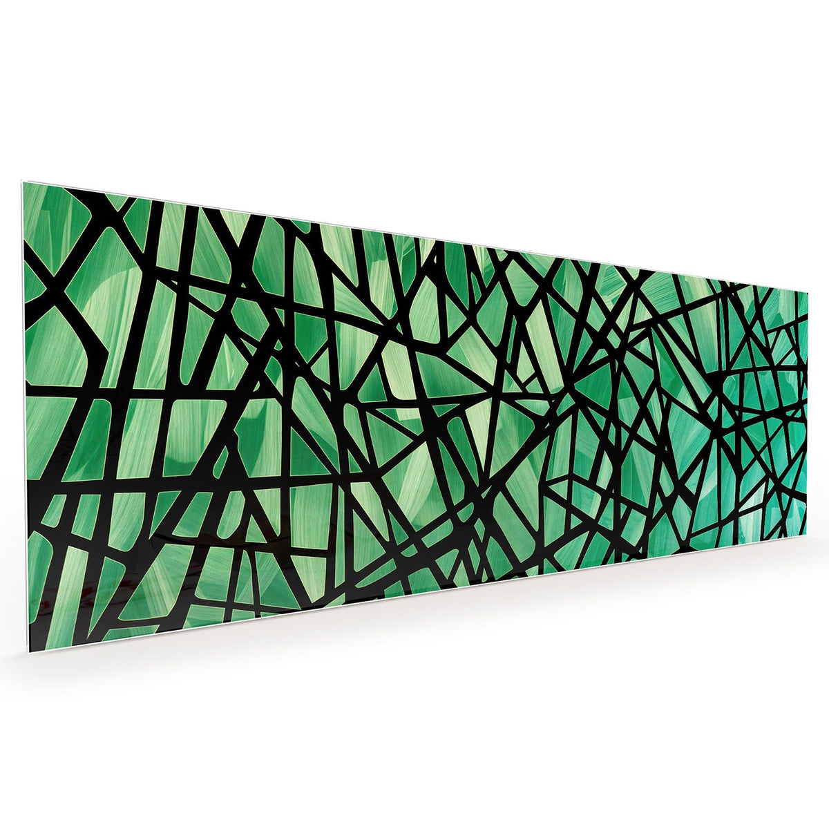 Küchenrückwand aus Glas im Hochformat mit Motiv Glasmosaik in Grün: Smaragdgrüne Scherbenflächen, von einem Netz aus dicken schwarzen Linien getrennt #grösse_40 x 100 cm #grösse_50 x 125 cm #grösse_60 x 150 cm