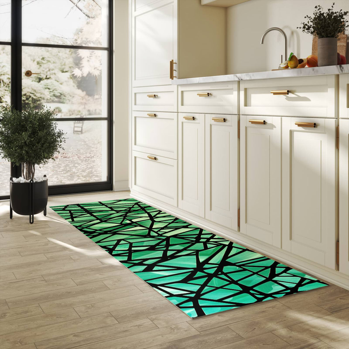 Komfortabler Küchenläufer mit Motiv Geometrisches Glasmuster in heller Küche