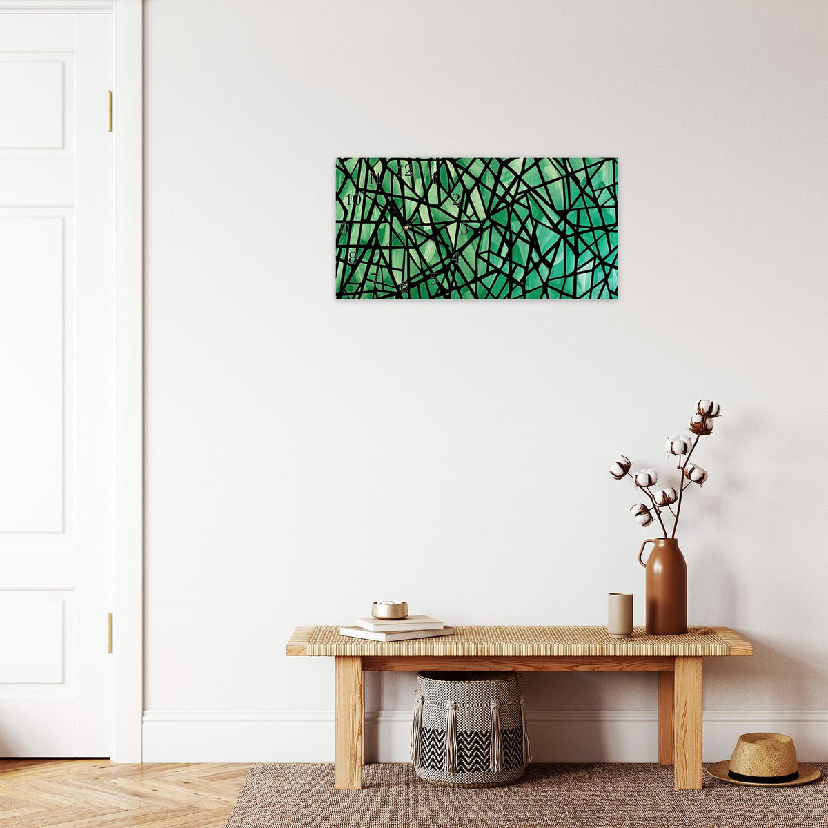 Moderne Wanduhr aus Glas mit Farbtiefe – Wanduhr Geometrisches Glasmuster aus Glas – Querformat 60 × 30 cm