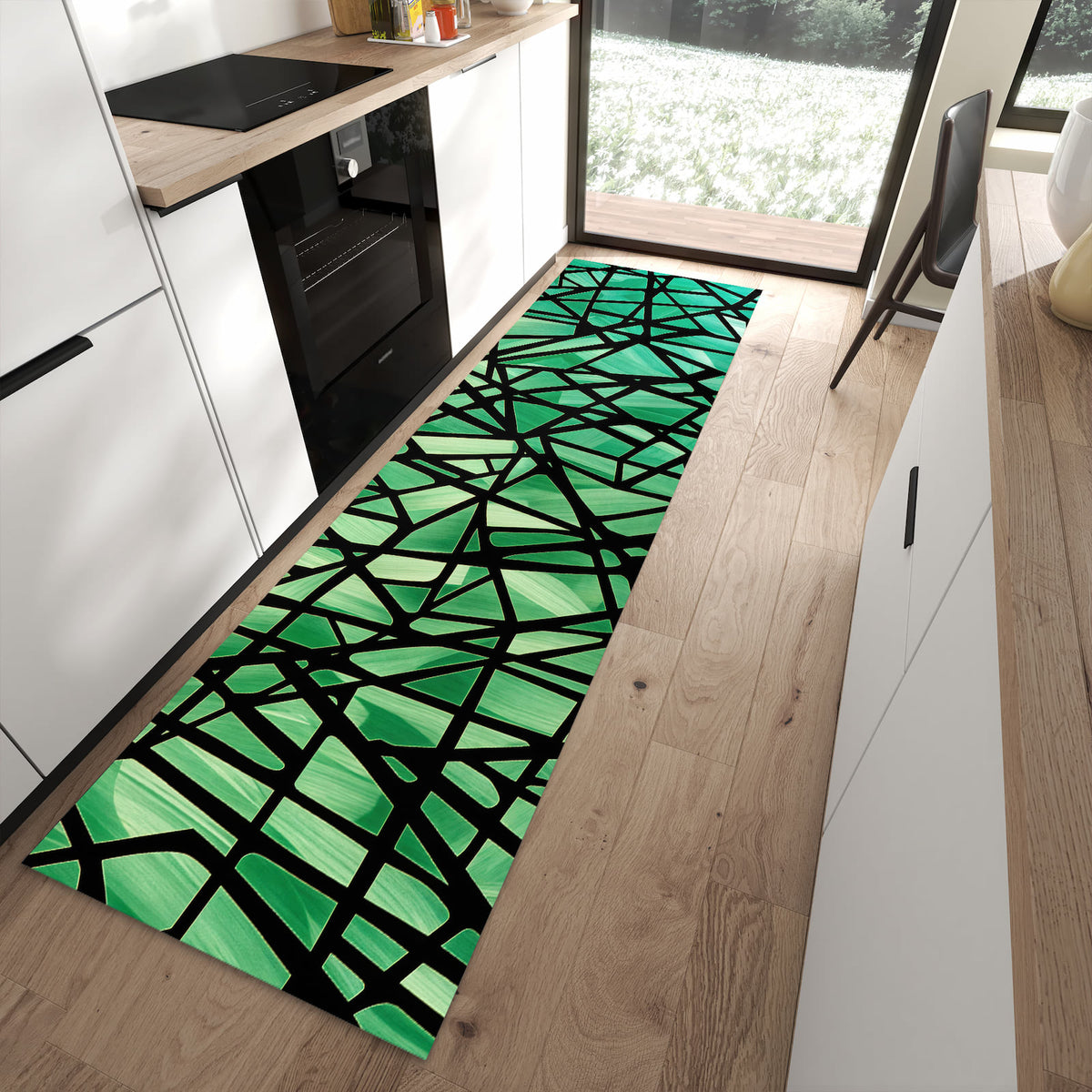 Pflegeleichter Teppich für die Küche mit Motiv Geometrisches Glasmuster in moderner Küche