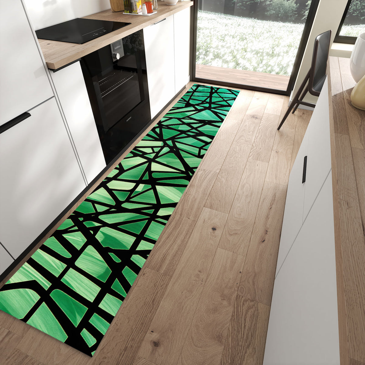 Schmutzabweisender Küchenläufer mit Motiv Geometrisches Glasmuster in moderner Küche