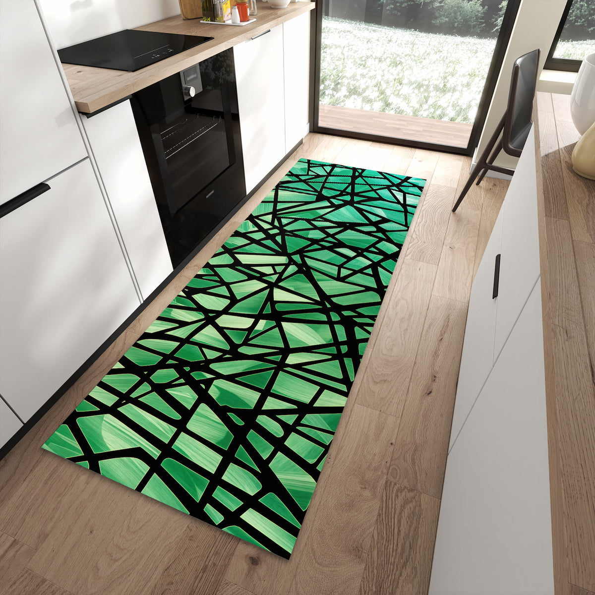 Pflegeleichter Küchenteppich mit Motiv Geometrisches Glasmuster in moderner Küche