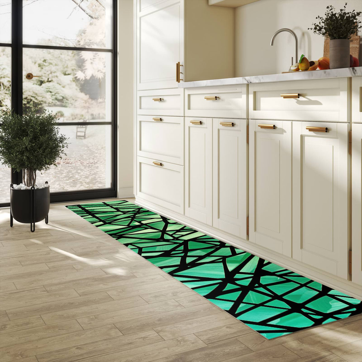 Geräuschdämpfender rutschfester Küchenteppich mit Motiv Geometrisches Glasmuster in heller Küche
