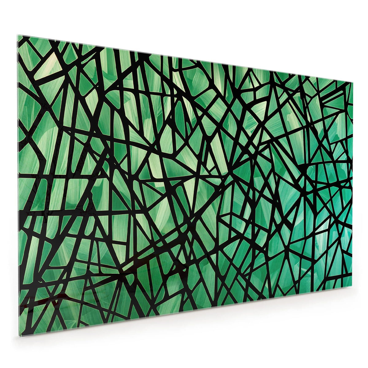 Küchenrückwand aus Glas im Hochformat mit Motiv Glasmosaik in Grün: Smaragdgrüne Scherbenflächen, von einem Netz aus dicken schwarzen Linien getrennt