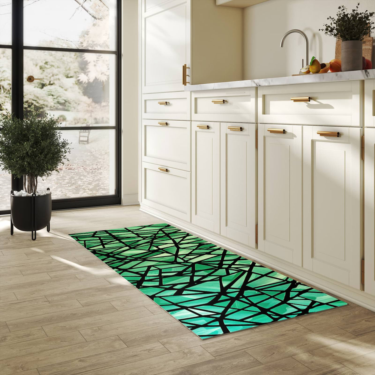 UV-beständiger Küchenläufer mit Motiv Geometrisches Glasmuster in heller Küche