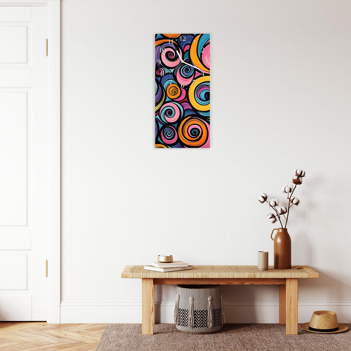 Moderne Wanduhr aus Glas mit Farbtiefe – Wanduhr Farbige Spiralen aus Glas – Hochformat 30 × 60 cm