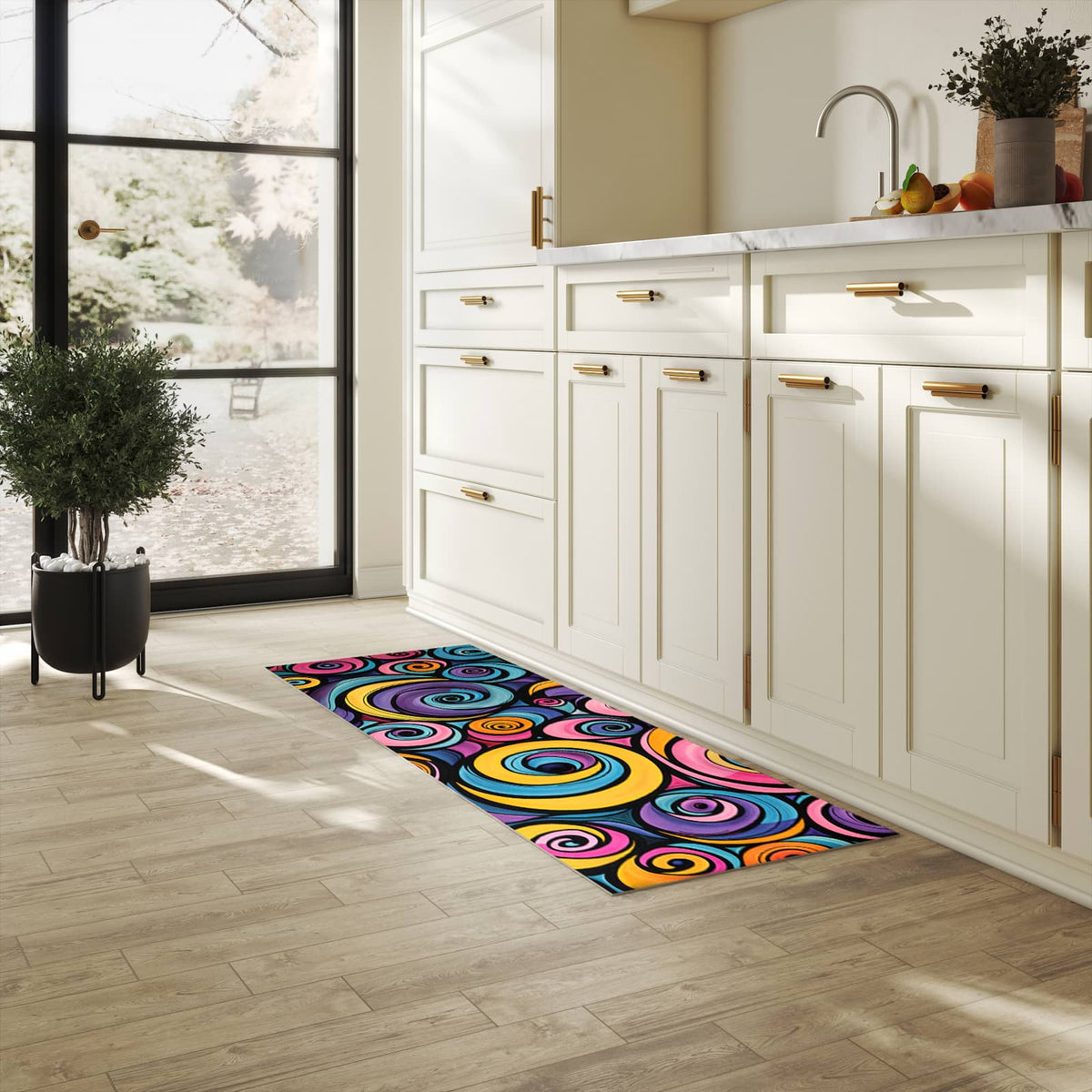 Rutschhemmender dünner Teppich mit Motiv Farbige Spiralen in heller Küche