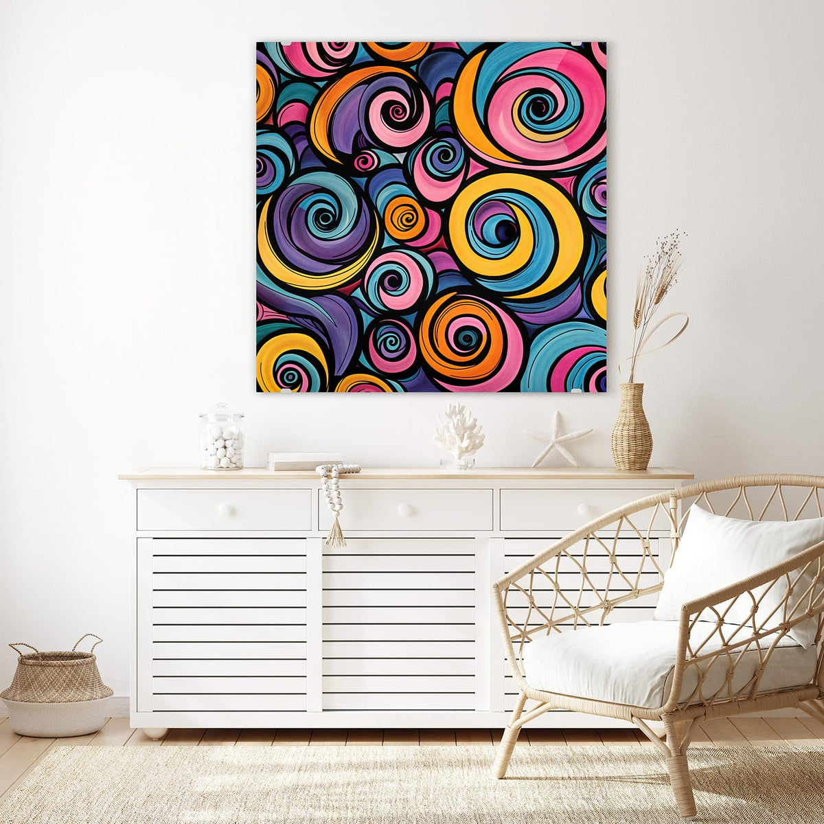 Glasbild Farbige Spiralen an der Wand – Dicht gepackte Spiralen in Pink, Orange, Blau und Violett mit schwarzen Konturen