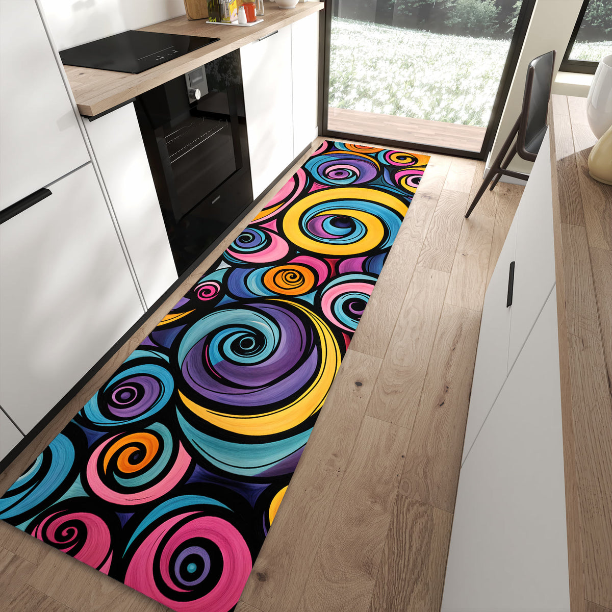 Waschbarer Küchenläufer mit Motiv Farbige Spiralen in moderner Küche für sicheres Aufbewahren