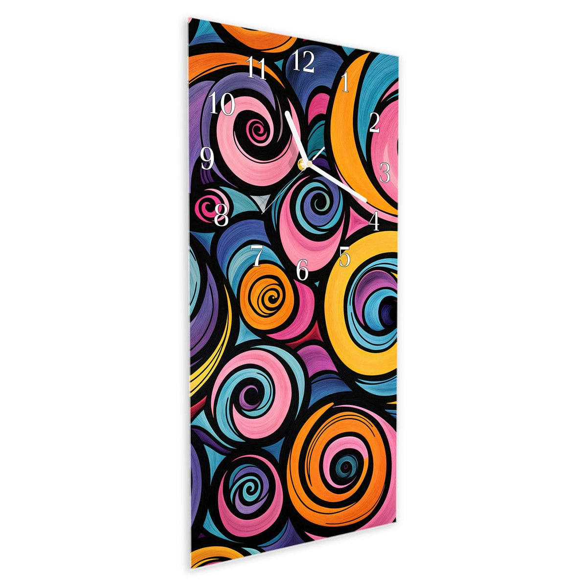 Vormontiert – mit Schwebeeffekt – Wanduhr Farbige Spiralen aus Glas – Hochformat 30 × 60 cm