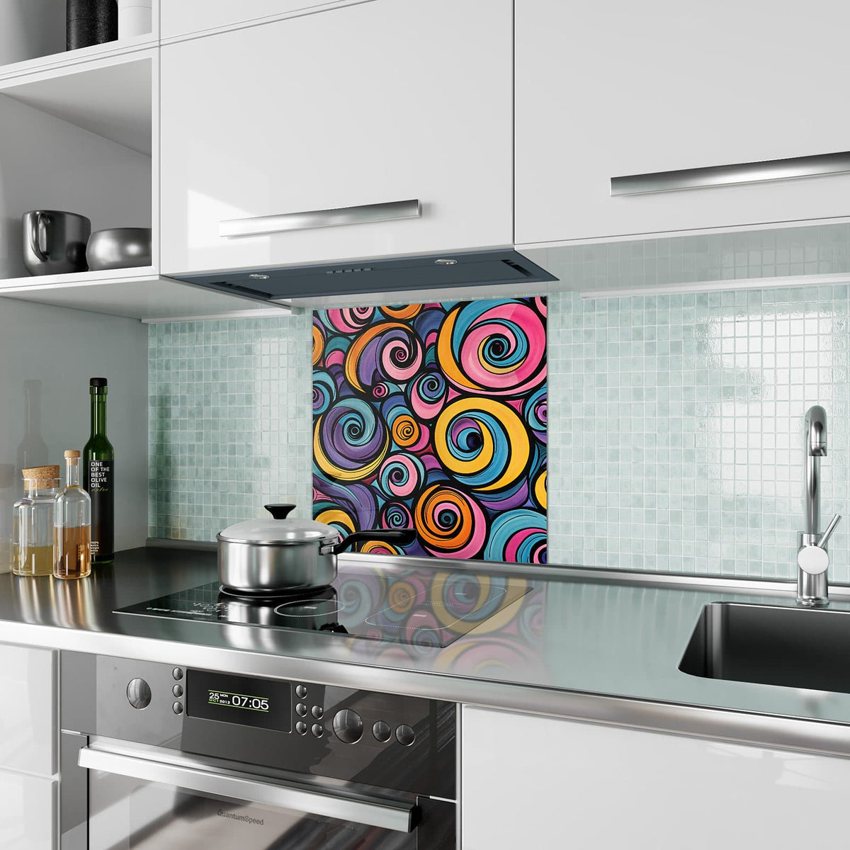 Küchenrückwand Farbige Spiralen aus Glas – Bunte Spiralen mit schwarzen Umrissen