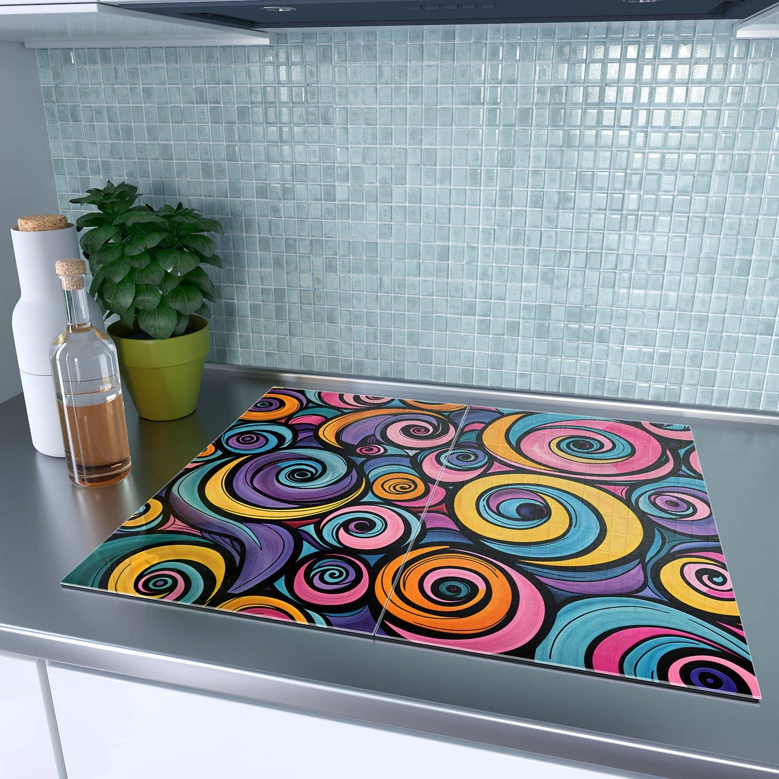 2-teilige Abdeckplatten für Herd mit Farbige Spiralen-Motiv auf dem Ceranfeld