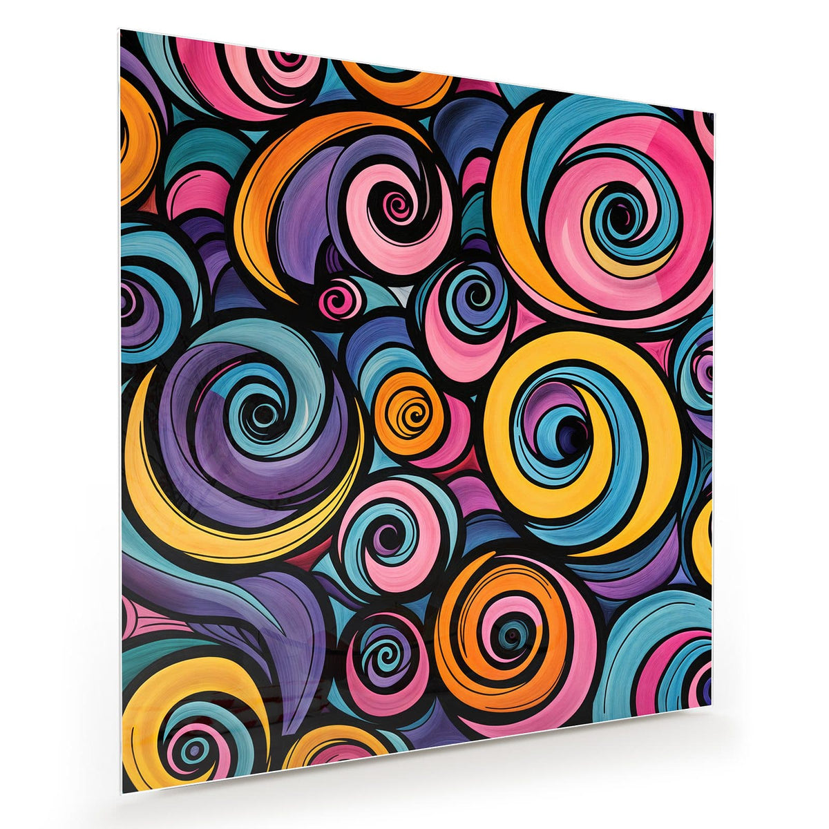 Dicht gepackte Spiralen in Pink, Orange, Blau und Violett mit schwarzen Konturen