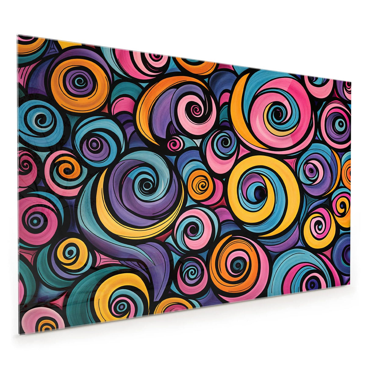 Küchenrückwand aus Glas im Hochformat mit Motiv Farbige Spiralen: Dicht gepackte Spiralen in Pink, Orange, Blau und Violett mit schwarzen Konturen