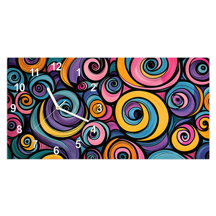 Wanduhr Farbige Spiralen aus Glas – Querformat 60 × 30 cm mit Ziffernblatt Modern