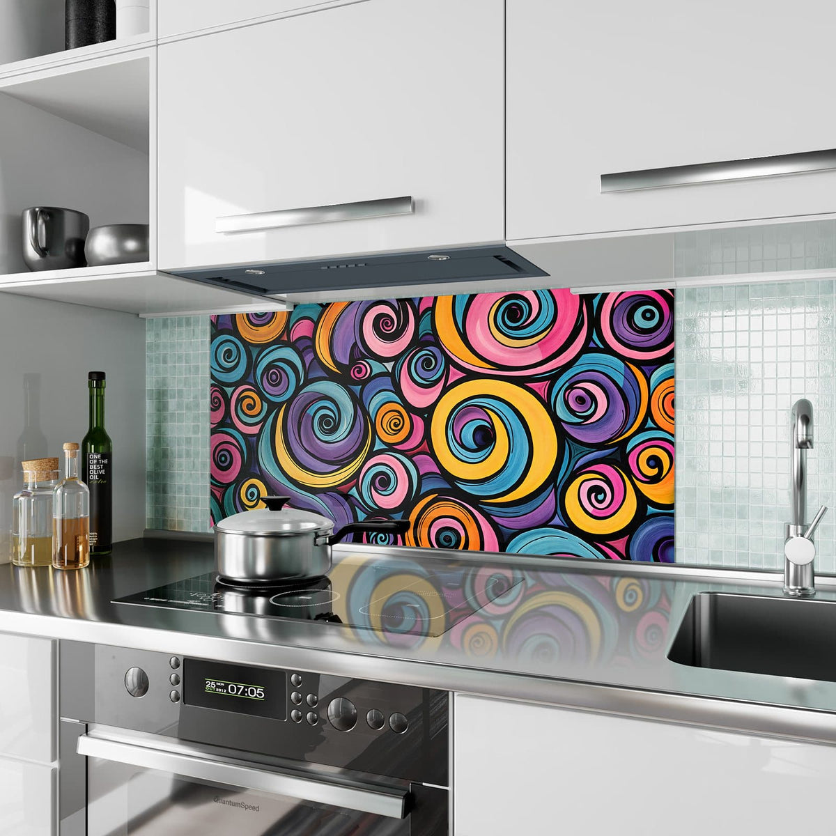 Küchenrückwand aus Glas Farbige Spiralen im Hochformat als Spritzschutz hinter dem Kochfeld, über dem Fliesenspiegel montiert