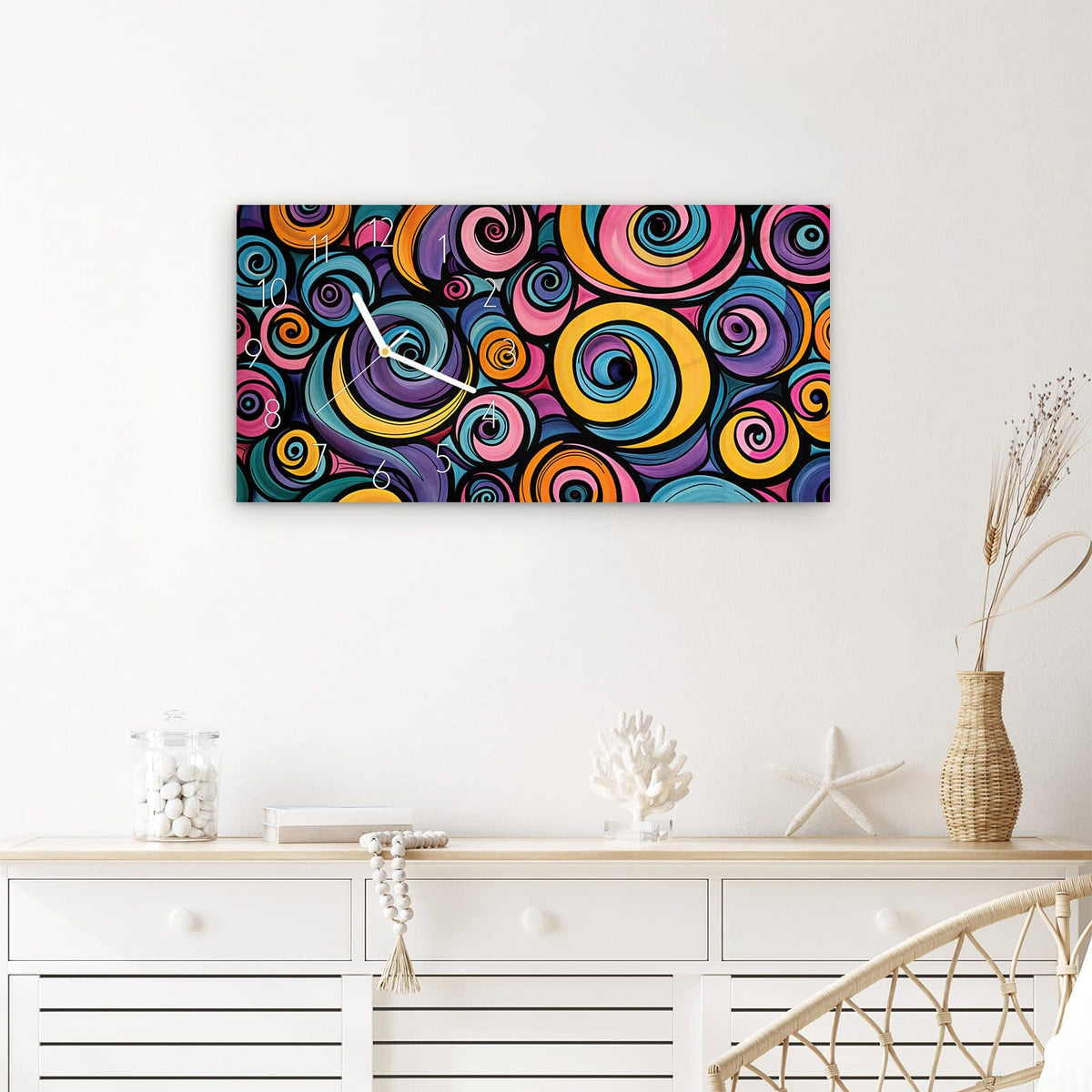 Wanduhr Farbige Spiralen aus Glas – Querformat 60 × 30 cm – Bunte Spiralen mit schwarzen Umrissen